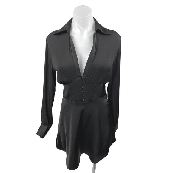 Urban Outfitters Black Long Sleeve Deep V-Neck Corset Bustier Mini Shirt Dress S - Picture 1 of 5